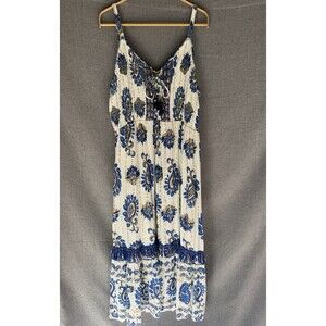 Me 2 Magic Maxi Dress 3X White Blue Gold Boho‎ Embroidered Tassel Fringe Paisley
